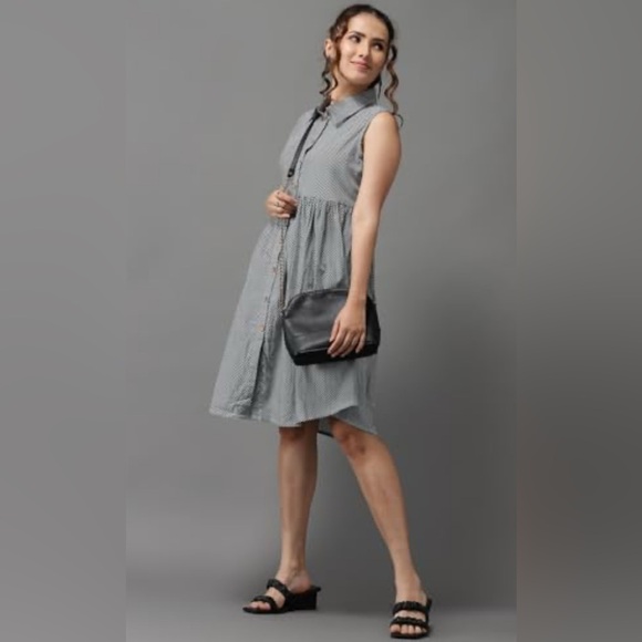 WeZC Summer sleeveless button-down dress size S gathered waist high-low striped - Picture 10 of 10